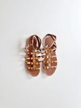 TORY BURCH Kira Brown Leather Bow Logo Medallion Gladiator Sandals, Size 8.5